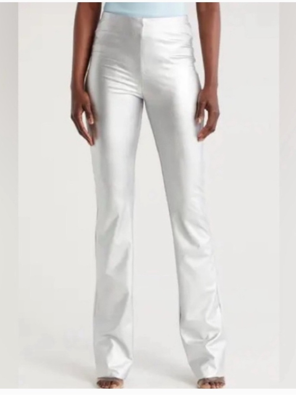 57. Naked Wardrobe $118 Leather Look Faux Silver Flare Leg Boot Cut Pants